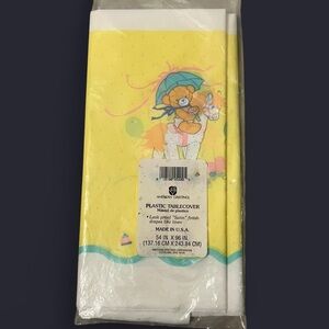 Vintage Deadstock Yellow & White Pastel Bear on Horse Infant Plastic Tablecloth